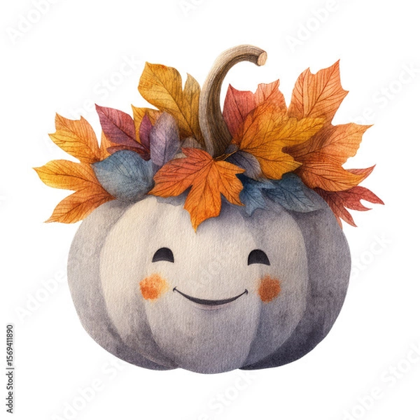 Obraz Charming Smiling Pumpkin Lantern Surrounded by Colorful Autumn Leaves for Festive Fall Decor