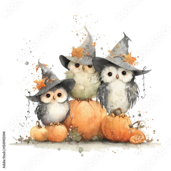 Obraz Adorable Watercolor Illustration of Owls in Halloween Hats Surrounded by Pumpkins and Autumn Leaves