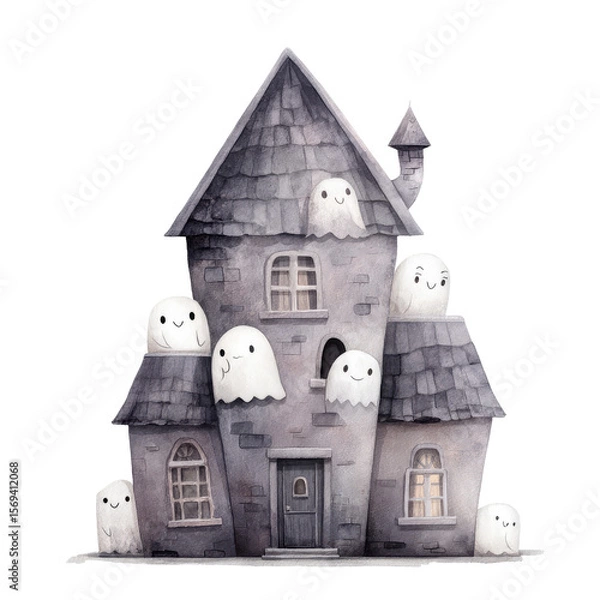 Obraz A Whimsical Haunted House with Friendly Ghosts Peeking Out from Windows and Roof, Perfect for Halloween Themes