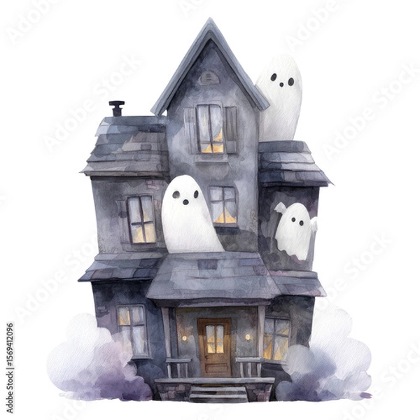Obraz Friendly Ghosts Peeking from a Haunted House with Whimsical Charm and Enchanting Atmosphere