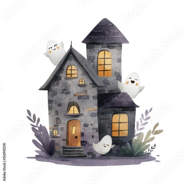 Obraz Playful Haunted House with Smiling Windows and Friendly Ghosts in a Charming Watercolor Style