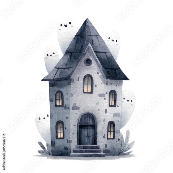 Obraz Spooky Haunted House with Ghosts and Smiling Windows in a Whimsical Illustration