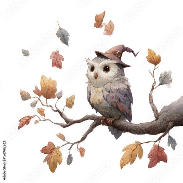 Obraz Charming Owl Perched on a Tree Branch Enthusiastically Wearing a Tin Accessory Surrounded by Autumn Leaves
