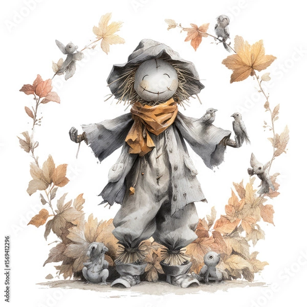 Obraz Cheerful Scarecrow Surrounded by Autumn Leaves and Cute Animals with a Friendly Smile for Fall Themed Designs