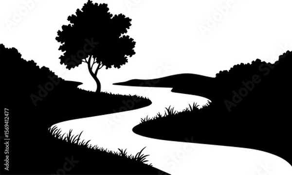 Fototapeta river curves with trees silhouette vector illustration