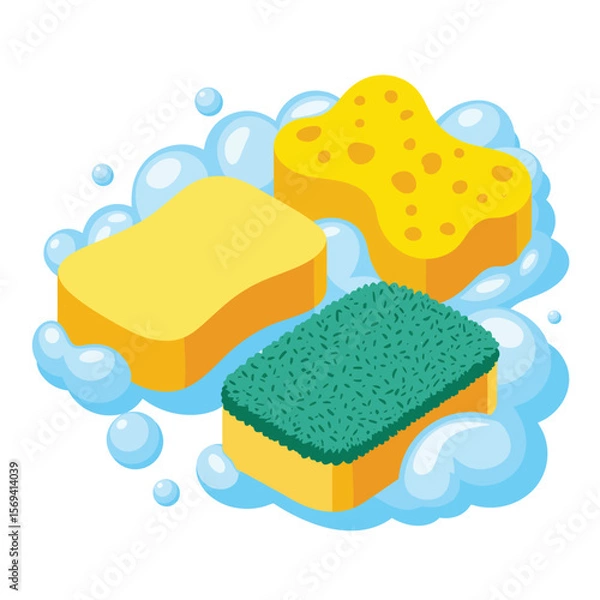 Fototapeta Three Colorful Cleaning Sponges with Bubbles