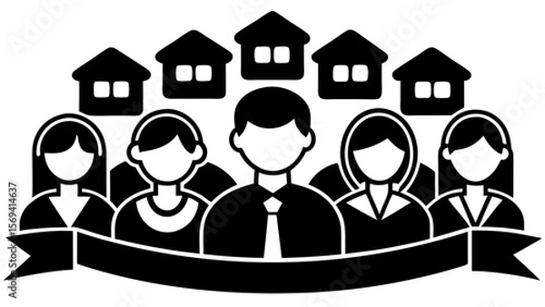 Fototapeta Vector  black and white illustration of a community with houses and people under a banner graphic design