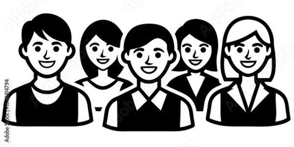 Fototapeta Vector  a group of five people standing together smiling in black and white vector illustration style image