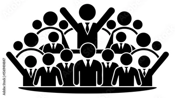 Fototapeta Vector  illustration of a group of business people with one leader raising arms in a crowd of colleagues