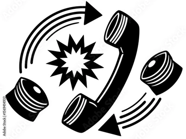 Fototapeta Vector  illustration of a black telephone handset with arrows and a starburst on a white background design