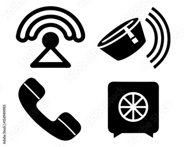Fototapeta Vector  illustration of wifi signal, speaker with sound waves, telephone receiver, and safe box icons set up nicely