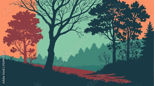 Fototapeta Vector  stylized landscape illustration depicting trees and forest with muted color palette and path view