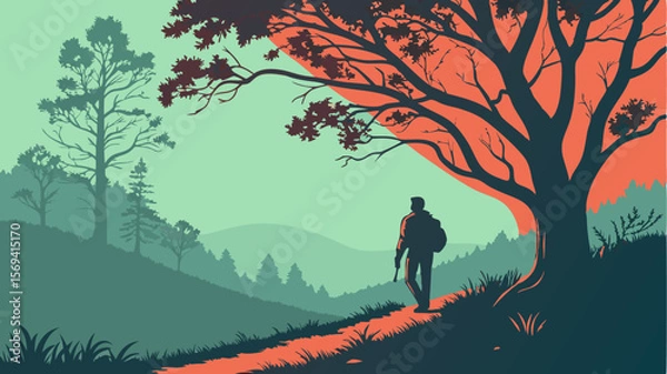 Fototapeta Vector  silhouette of a man with backpack walking on a path under a tree against a scenic landscape backdrop