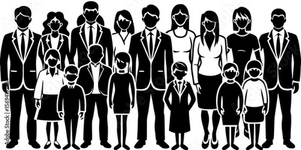 Fototapeta Vector  illustration of a large group of people consisting of adults and children in formal attire standing together