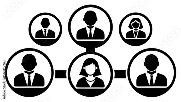 Fototapeta Vector  black and white illustration of a network of people connected by lines and circles showing hierarchy