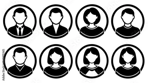Fototapeta Vector  collection of eight circular user icons depicting various male and female avatars in a minimalist style