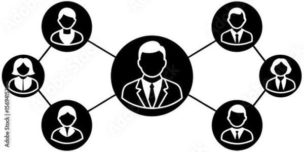 Fototapeta Vector  network of people connected to a central figure in black and white illustration with connecting lines