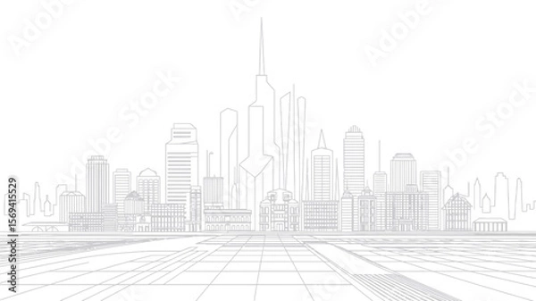 Fototapeta Cityscape line drawing with various buildings and a grid pattern in the foreground in a white background