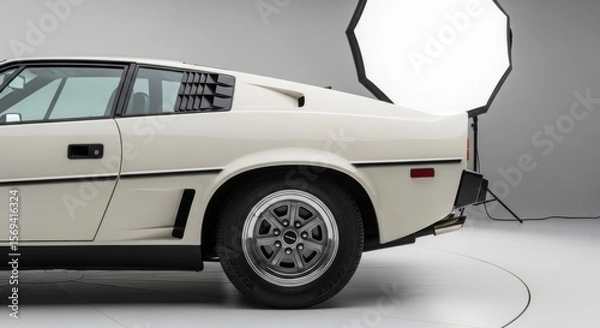Obraz Cream-colored vintage sports car rear in studio setting with lighting equipment