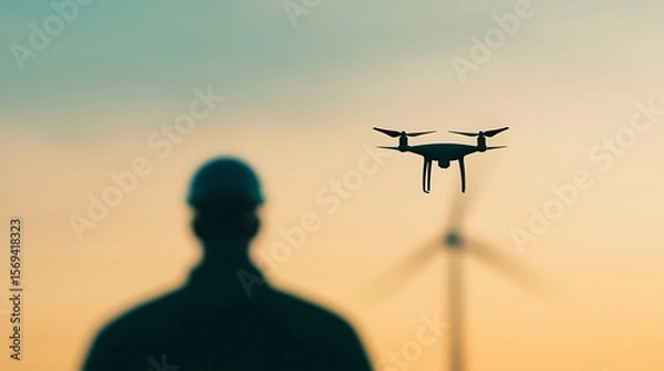 Obraz Drone Flying at Sunset Near Wind Turbine with Person