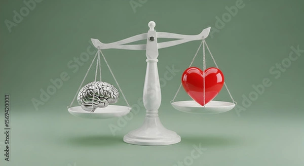 Fototapeta A white balance scale with a brain on one side and a heart on the other, on a muted green backdrop