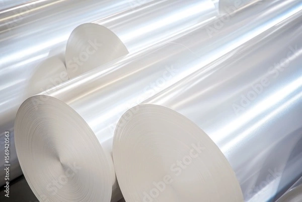 Fototapeta Close up of multiple rolls of clear polyester film in an industrial setting