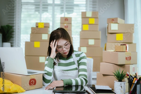 Obraz A stressed woman in a home office surrounded by shipping boxes uses a tablet, managing an online business with a laptop, calculator, and packing materials.