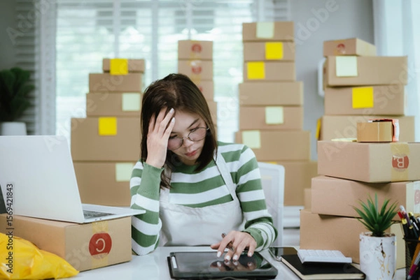 Obraz A stressed woman in a home office surrounded by shipping boxes uses a tablet, managing an online business with a laptop, calculator, and packing materials.