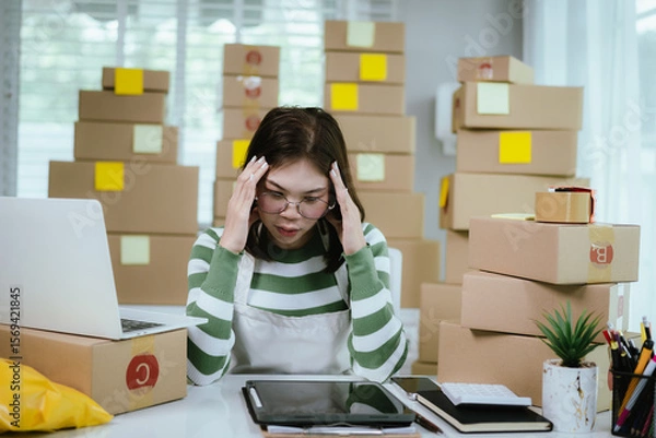 Obraz A stressed woman in a home office surrounded by shipping boxes uses a tablet, managing an online business with a laptop, calculator, and packing materials.