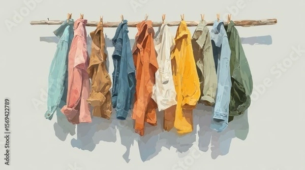Fototapeta Painterly depiction of colorful jackets hanging on a rustic wooden clothesline