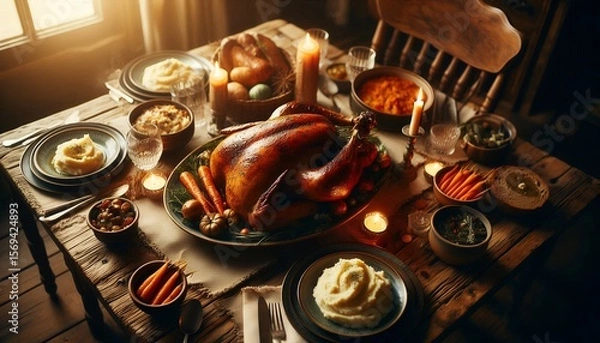 Fototapeta Rustic Holiday Feast with Roasted Turkey and Candlelight 8K Resolution