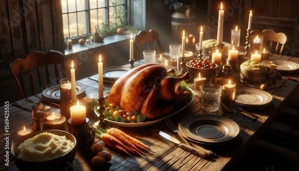 Fototapeta Rustic Holiday Feast with Roasted Turkey and Candlelight 8K Resolution