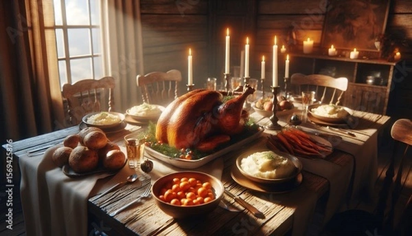 Fototapeta Rustic Holiday Feast with Roasted Turkey and Candlelight 8K Resolution