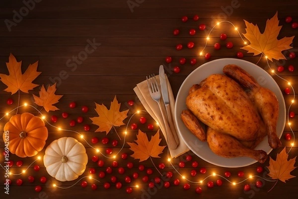 Fototapeta Festive Thanksgiving Table Setting with Roasted Chicken and Autumn Decor 8K Resolution