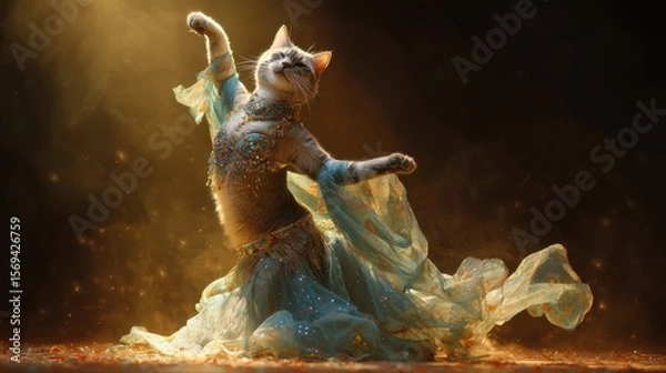 Fototapeta A magical cat dressed in a stylish belly dance costume, dancing with graceful movements. Her outfit features sequins, colorful tulle, and a flowing skirt. 