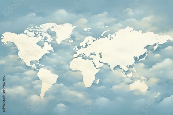 Fototapeta World map made of old paper is floating over soft blue clouds, representing global geography