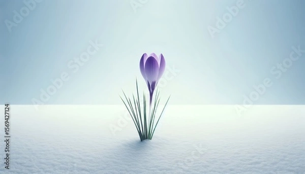 Fototapeta Early Bloom: Purple Crocus Flower Emerging Through Snow 8K Resolution