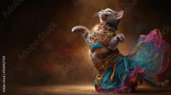 Fototapeta A magical cat dressed in a stylish belly dance costume, dancing with graceful movements. Her outfit features sequins, colorful tulle, and a flowing skirt. 