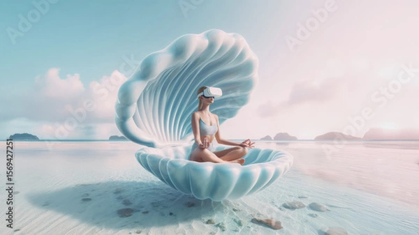 Fototapeta Young woman meditation in virtual space. Metaverse Virtual Wellness / Sci-fi concept.
