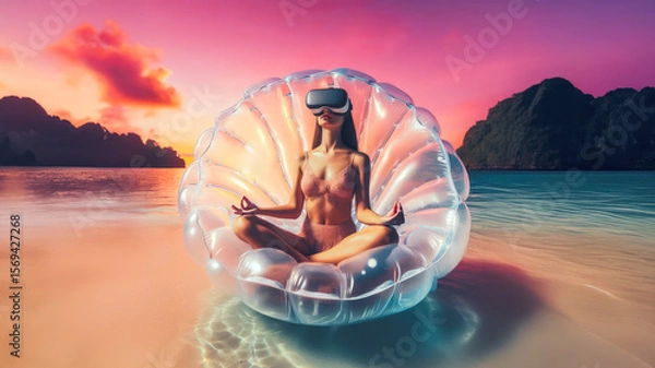 Fototapeta Young woman meditation in virtual space. Metaverse Virtual Wellness / Sci-fi concept.