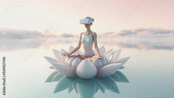Fototapeta Young woman meditation in virtual space. Metaverse Virtual Wellness / Sci-fi concept.