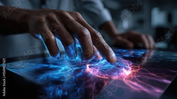Fototapeta Interactive digital interface technology lab futuristic content high-tech environment close-up viewpoint innovation concept