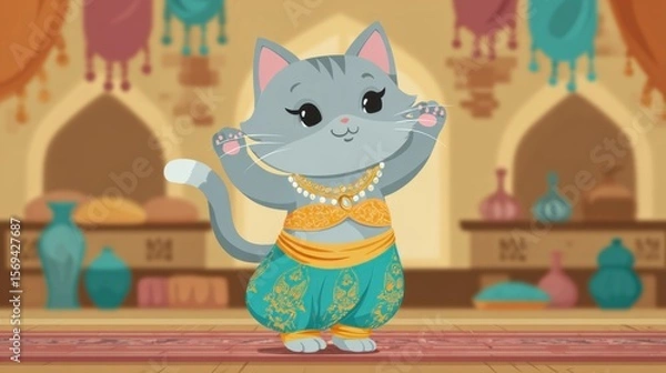 Fototapeta A cute cat wearing an exotic belly dancer outfit in a fun and festive oriental theme. Her outfit includes bright colors, patterned shalwar, and a body corset that hugs her body.  