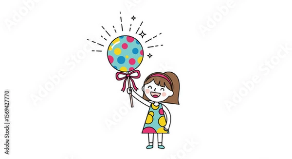 Fototapeta Joyful child celebrates holding a brightly colored balloon with a charming bow