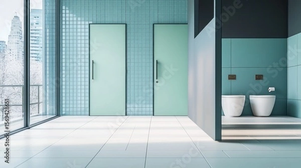 Fototapeta Modern Minimalist Restroom Design with City View
