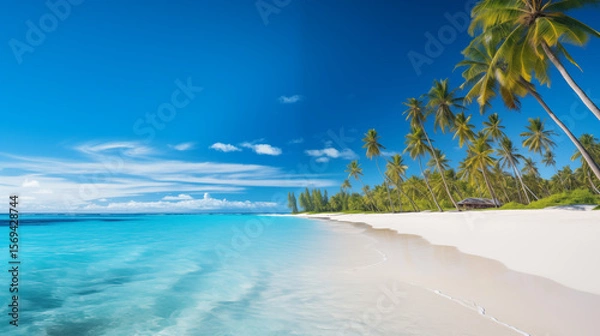 Fototapeta Tropical beach scene with palm trees, turquoise water, and soft white sand under clear skies