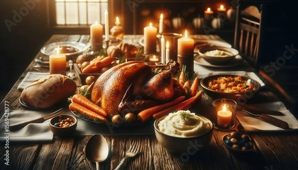 Fototapeta Rustic Holiday Feast with Roasted Turkey and Candlelight 8K Resolution