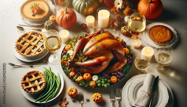 Fototapeta Elegant Thanksgiving Dinner Table with Roasted Turkey and Festive Decor 8K Resolution