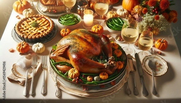 Fototapeta Elegant Thanksgiving Dinner Table with Roasted Turkey and Festive Decor 8K Resolution