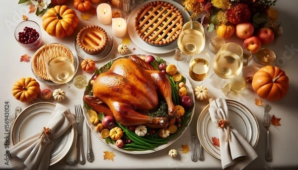 Fototapeta Elegant Thanksgiving Dinner Table with Roasted Turkey and Festive Decor 8K Resolution